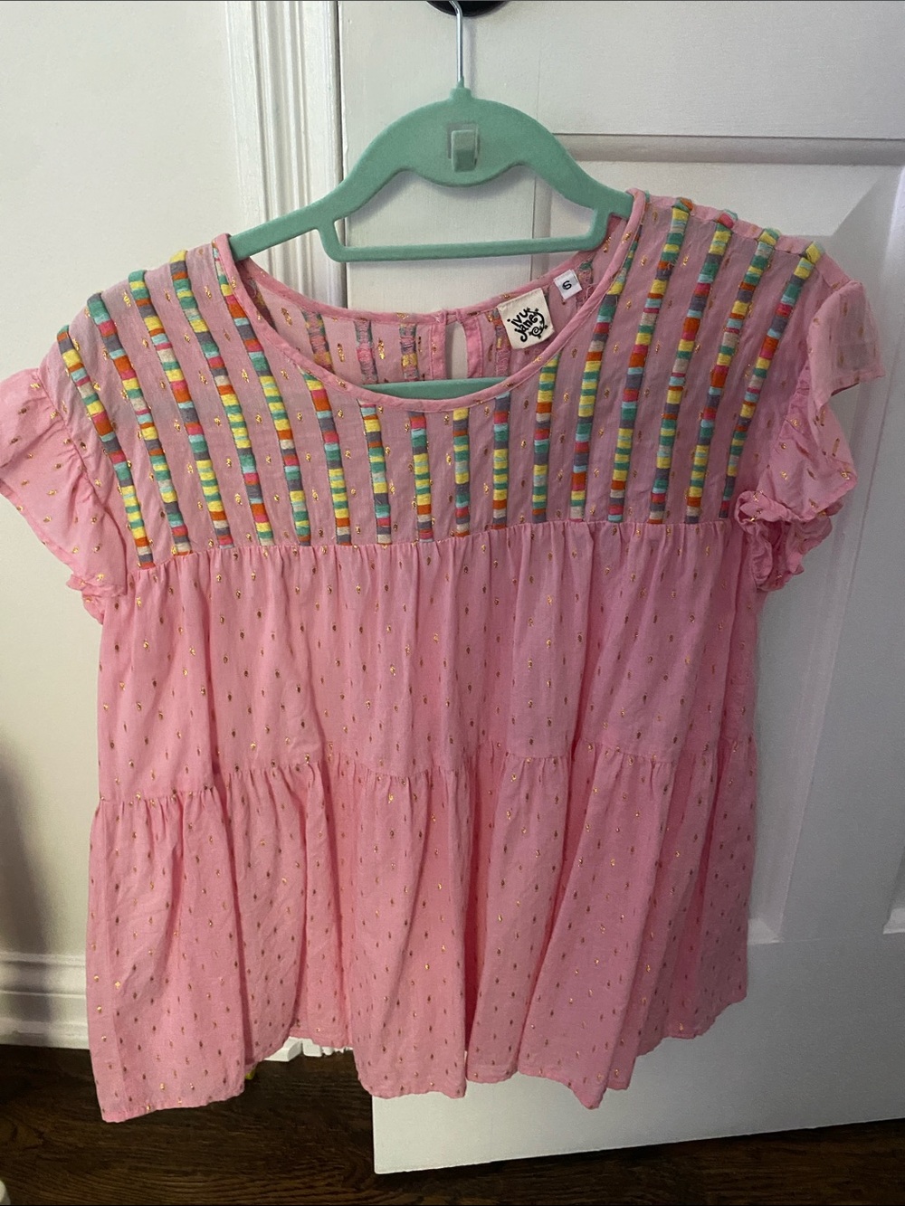 ivy jane Pink Eyelet Peasant Blouse with Multicolor Striped Yoke